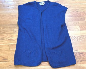 Vintage Mon Rose Royal Blue Knit Sweater Vest Open Front Pocket Size 44 90s