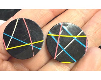 Vintage 80s Memphis Design Geometric Circle Post Earrings Black Neon Lines Studs