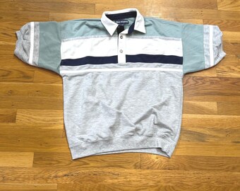 VTG Van Heusen Hombres Colorblock Polo Sudadera Gris Verde Azul Manga Corta Sz M