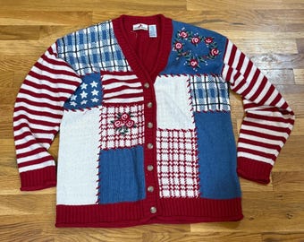 Crazy Horse Vintage Patchwork Cardigan Sweater Red White Blue Americana Floral L