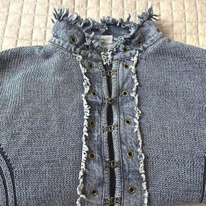 Vintage PBJ Blues Denim Cable Knit Sweater Jacket Womens m Blue Stretchy Faded