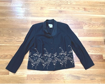 Chaqueta vintage Lady Carol de Nueva York, negra, con bordados florales y cuentas, talla L.