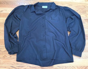 Vintage Leemar Black Puff Shoulder Bishop Sleeve Button Down Blouse Top Sz L
