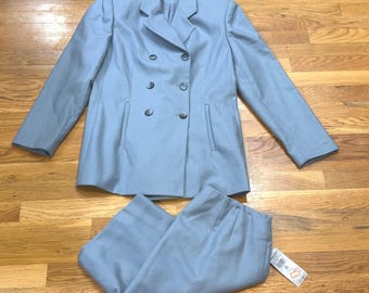 Amanda Smith Vintage Pure Wool Skirt Suit Set Blue Double Breasted Size 12