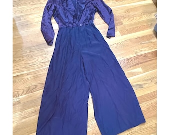 Vintage 80s Purple Wide Leg Jumpsuit Size 10 Made in USA Satin Glam