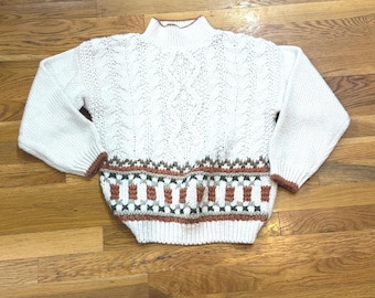 Jamie Scott Hand Knitted Cable Knit Sweater Cream Southwestern Fair Isle Small