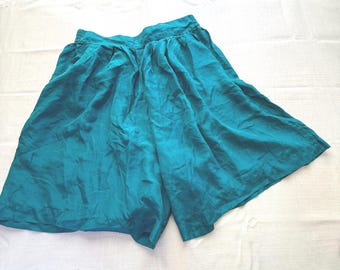 ジョーダン ヴィンテージ 100%シルク ショーツ ティールブルー グリーン プリーツ ゴムウエスト レディース 14