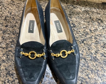 Bally Vintage Schwarz Leder Wildleder Horsebit Loafers Gold Made in Italy Gr. 9