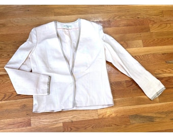 The Suit Vintage Cream Tan Collarless Blazer Braided Trim Silk Blend Sz 16