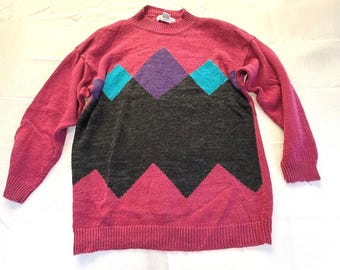 Vintage 80-talsfärgblockströja 18W Plus Size Ramistickad Djärv Chevron