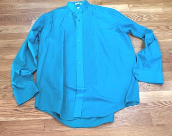 Camisa de smoking vintage Chaplin masculina azul turquesa com pregas e gola wingtip, tamanho XL (36-37).