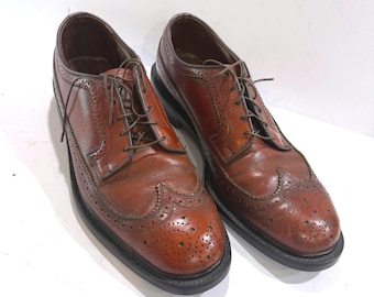 Scarpe eleganti da uomo vintage in pelle marrone, modello brogue wingtip blucher, taglia 8.5 D