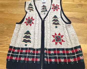 Sweter-kamizelka z zamkiem błyskawicznym z przodu w stylu vintage z choinką i płatkami śniegu, NutCracker, rozmiar M