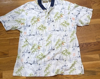 Polo Vintage Natural Issue para hombre, talla XL, con estampado náutico de velero y palmera, de algodón.