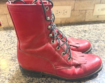 Justin Vintage Red Leather Lace Up Kiltie Fringe Boots Womens 7