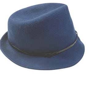 May include: A navy blue fedora hat with a black band encircling the crown. The hat has a classic, slightly rounded crown and a brim that curves downward. The hat is made of a soft, felt-like material.