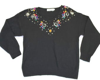Suéter feminino vintage dos anos 90 da Diversity, preto, com aplicações de strass e miçangas, tamanho G.