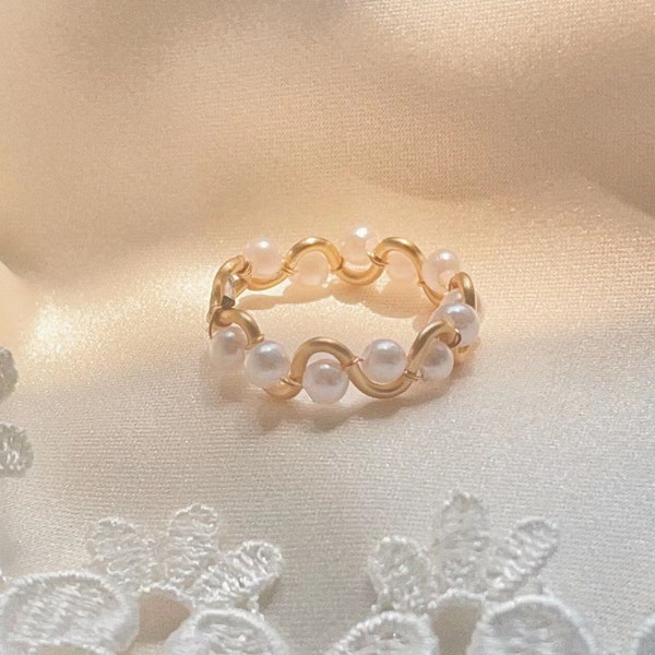 Handmade Cute Line Wave Design Pearl Ring| Dainty Pearl Ring| Wedding | Birthday Gift| Anniversary Gift| Gift for her| Bridesmaid Gift- Gold