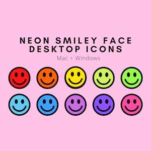 Set of 10 Neon Smiley Face Desktop Icons | For Mac + Windows Folders | cute, preppy, trendy, bright, colorful, aesthetic, organize, computer