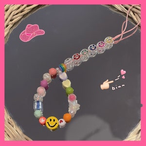 Colorful Y2k Trendy Smiley Face Cute Beaded Phone Charm Strap,90&#39;s Style Phone Chain, Keyring, Camera Chain, Personalized Gift For Her