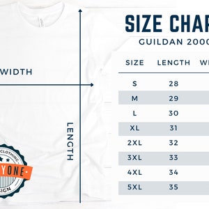 K&ouml;nnte beinhalten: Gr&ouml;&szlig;entabelle f&uuml;r Gildan 2000 T-Shirts, mit Ma&szlig;en in Zoll f&uuml;r L&auml;nge und Breite. Die Gr&ouml;&szlig;en reichen von S bis 5XL.