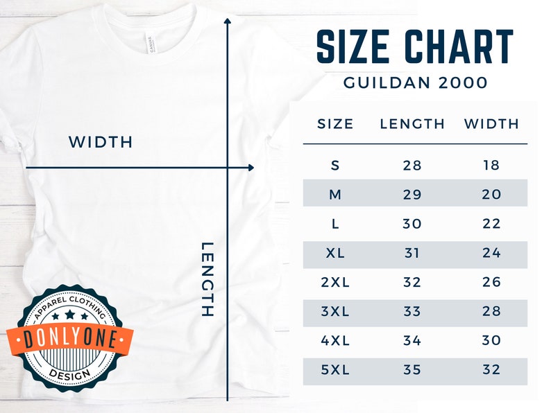 K&ouml;nnte beinhalten: Gr&ouml;&szlig;entabelle f&uuml;r Gildan 2000 T-Shirts, mit Ma&szlig;en in Zoll f&uuml;r L&auml;nge und Breite. Die Gr&ouml;&szlig;en reichen von S bis 5XL.
