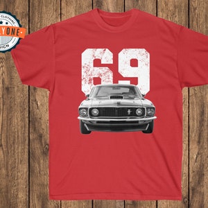 69 Mustang Mach 1 on red t-shirt.