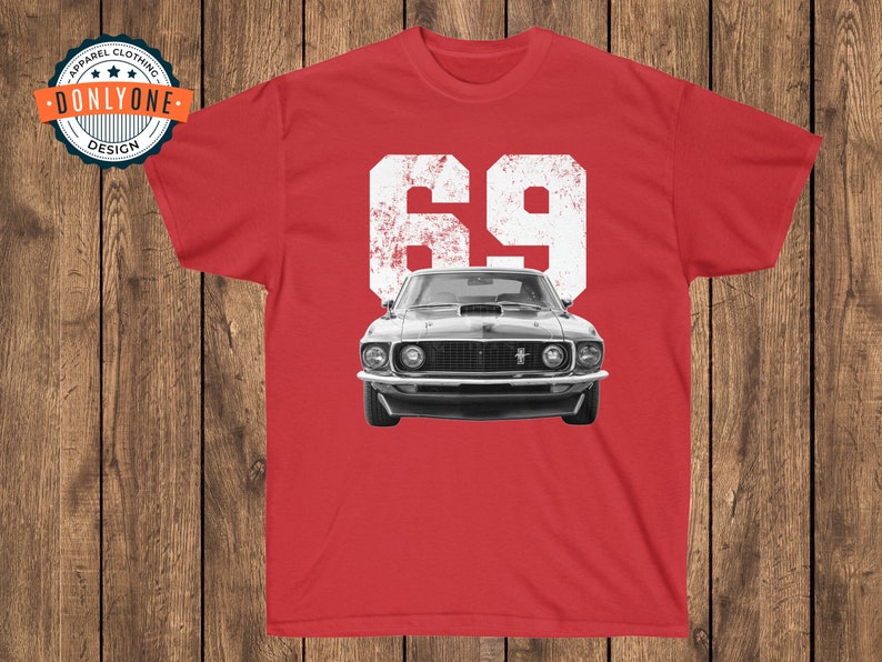 69 Mustang Mach 1 on red t-shirt.