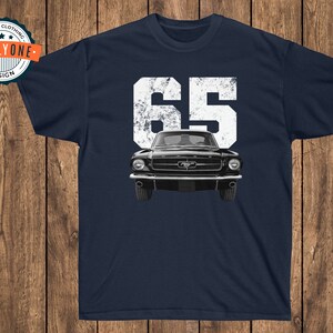 1965 Mustang on navy shirt.