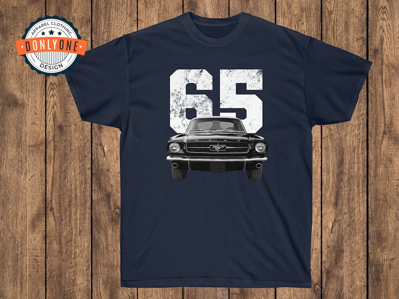 1965 Mustang on navy shirt.