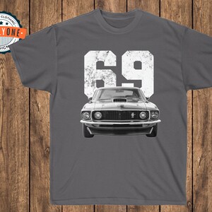 69 Mustang Mach 1 on charcoal t-shirt.