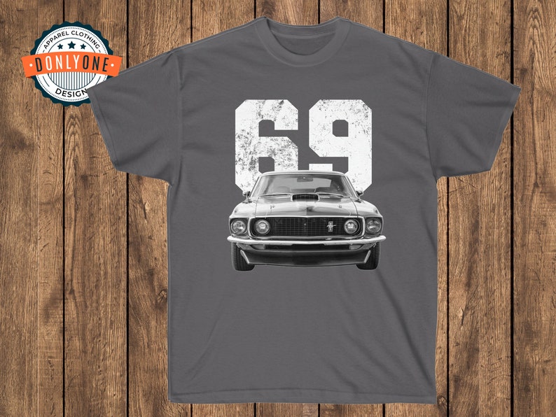 69 Mustang Mach 1 on charcoal t-shirt.