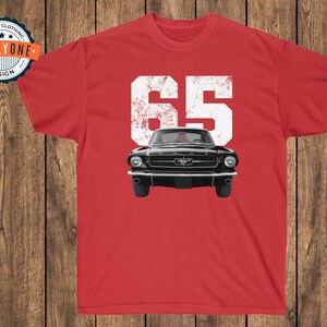 1965 Mustang on red shirt.