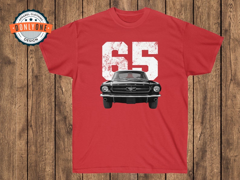 1965 Mustang on red shirt.