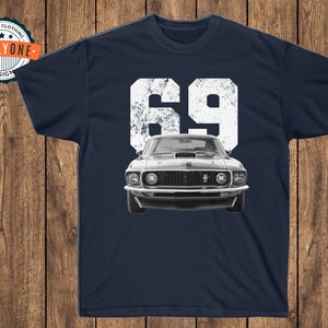 69 Mustang Mach 1 on navy t-shirt.