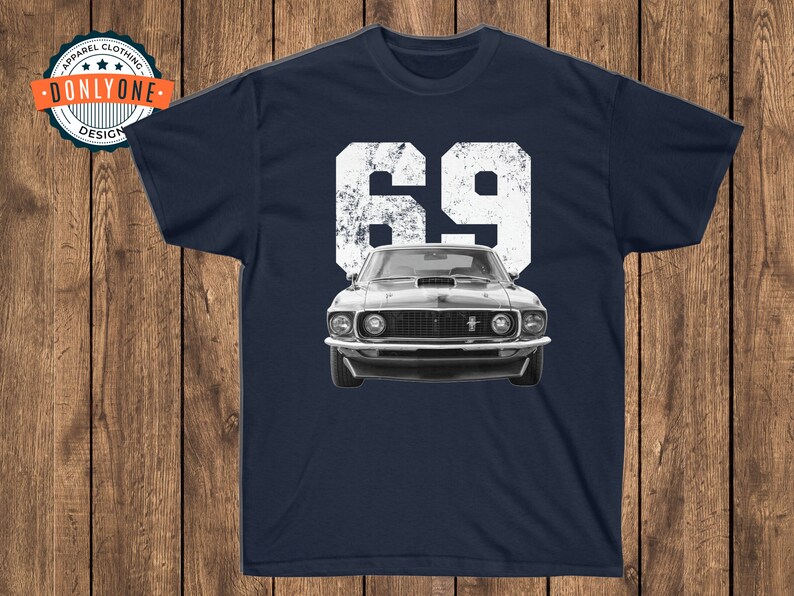69 Mustang Mach 1 on navy t-shirt.