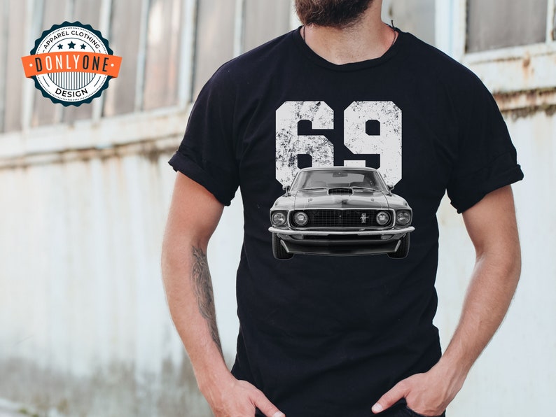 69 Mustang Mach 1 on black t-shirt.