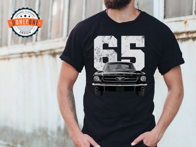 1965 Mustang on black shirt.