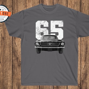 1965 Mustang on charcoal shirt.