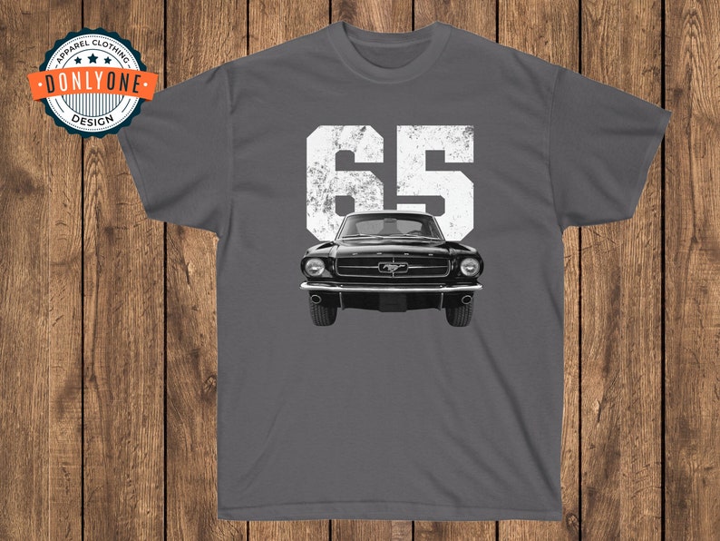 1965 Mustang on charcoal shirt.