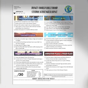 May include: A Disney World Hollywood Studios scavenger hunt game sheet with various challenges listed under themed areas like Hollywood Blvd and Galaxy's Edge. The sheet includes a difficulty rating and a section to track your score.