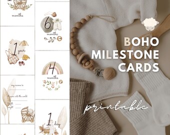 Baby Boho Milestone Cards Printable Baby's First Year Monthly Cards Unisex Baby Shower Gift for Mum To Be, Pregnancy Gift