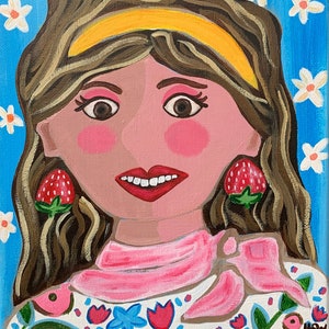 Girl with Strawberry Earrings Original Painting 8x10” colorful modern portrait art yellow red blue woman canvas primary color art