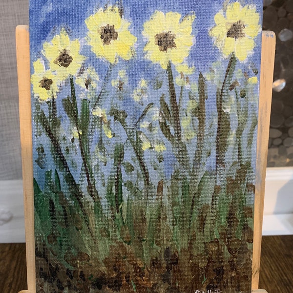 Yellow Flowers Floral Original Painting 5x7”Field wildflower meadow canvas panel impressionist small painting ready to frame