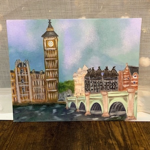 London Landscape Original Painting 8x10” Big Ben Westminster Bridge canvas panel paste impressionist small painting ready to frame
