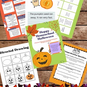 May include: A printable set of educational materials for a homeschool unit on pumpkins and Halloween. The set includes a pumpkin seed handwriting practice sheet, a directed drawing activity, comprehension questions, and a unit overview. The materials are designed for kindergarten through second grade.