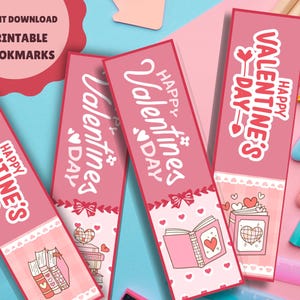 Peut inclure: Quatre marque-pages imprimables roses avec le texte "Joyeuse Saint-Valentin" et un motif de cœur. Les marque-pages présentent une pile de livres avec un cœur rose sur la couverture.