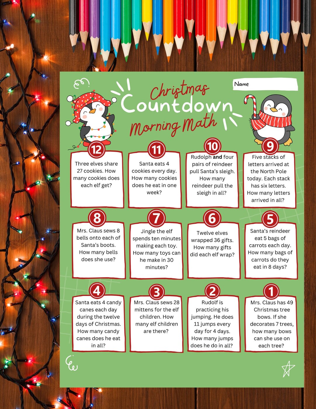 Christmas Countdown Math Printable Worksheet Morning Math Problems