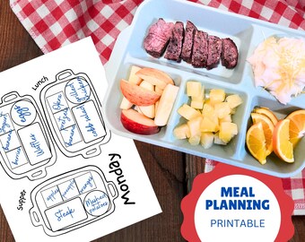 May include: A printable meal planning sheet with a blank template for a weekly meal plan. The sheet includes a section for breakfast, lunch, dinner, and snacks. The sheet also includes a section for meal prep tips. The sheet is designed to help people plan their meals and save time and money.