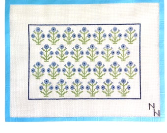 Blaue Block Print Floral Gobelin Leinwand